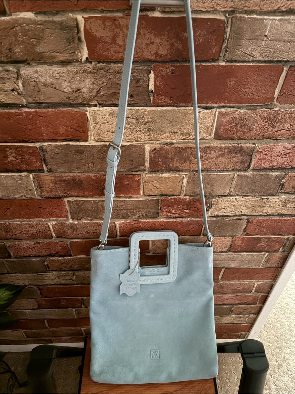 Powder Blue Suede Crossbody Bag with Square Top Handle